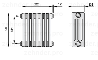 Схема (чертеж) Радиатор Zehnder Charleston 4055/7 №1270 Белый глянцевый RAL 9016